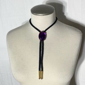 Handmade Black, Purple & Silver Bolo Tie Necklace Western Stampede Rodeo Cowgirl